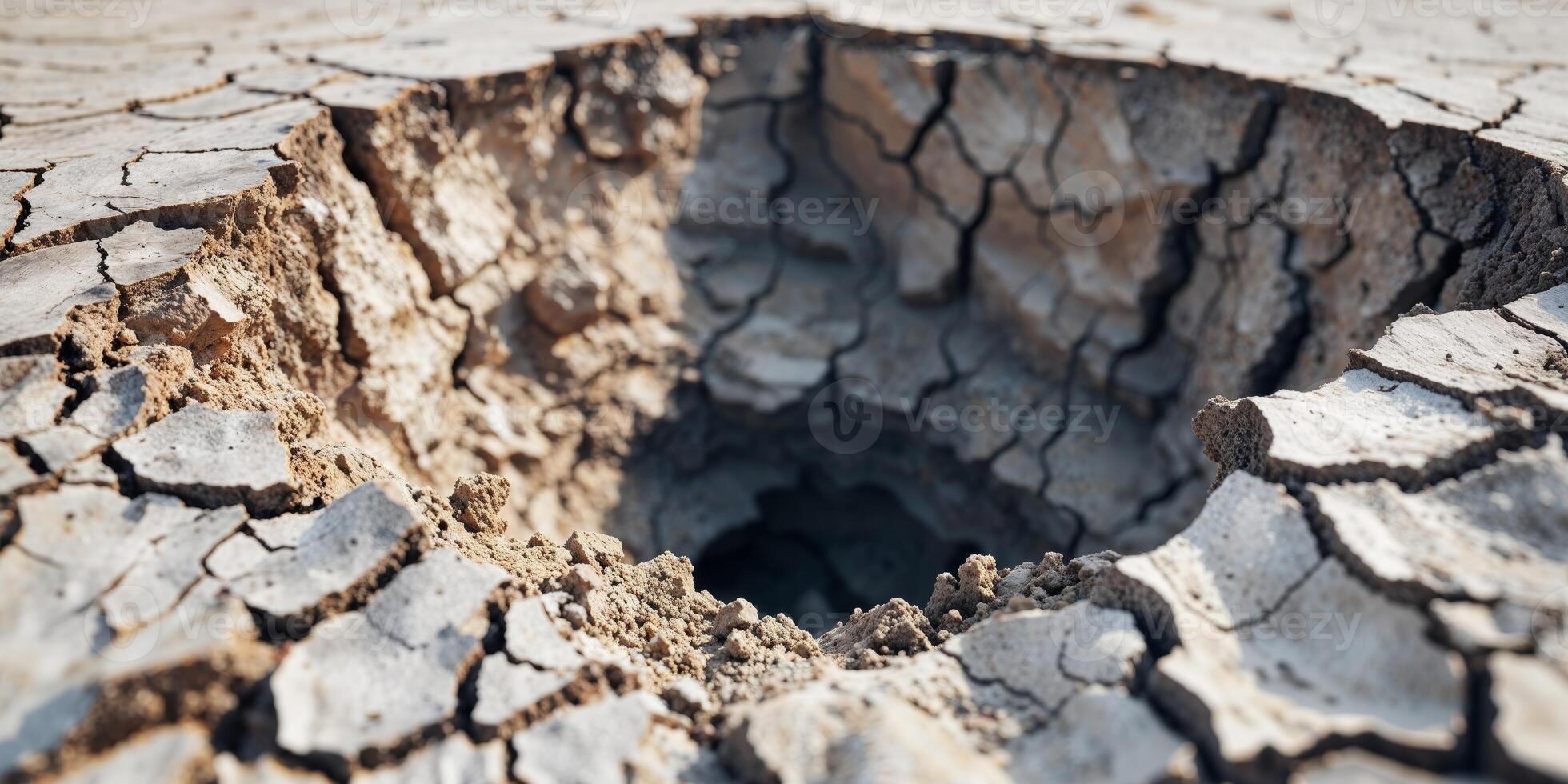 Deep Hole in Dry Cracked Ground Showing Texture and Soil Layers. photo