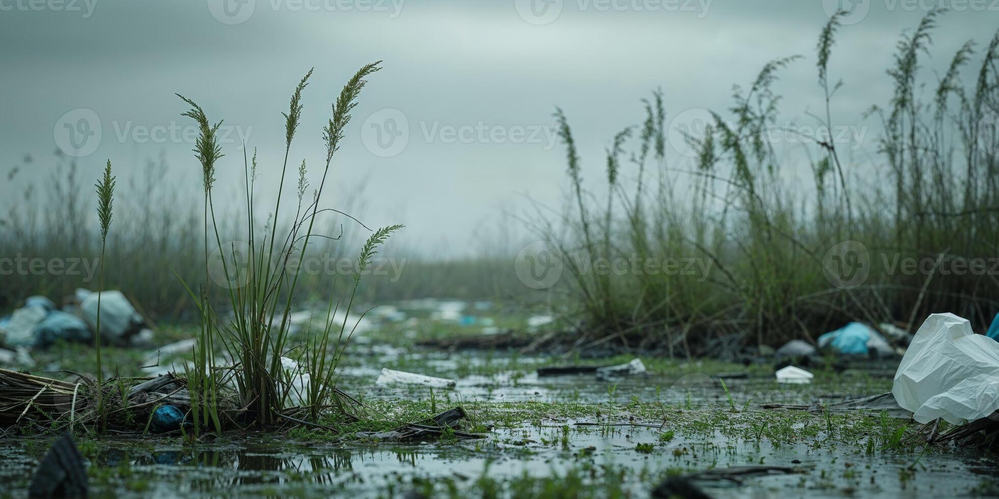 Plastic bags and trash in a swamp photo