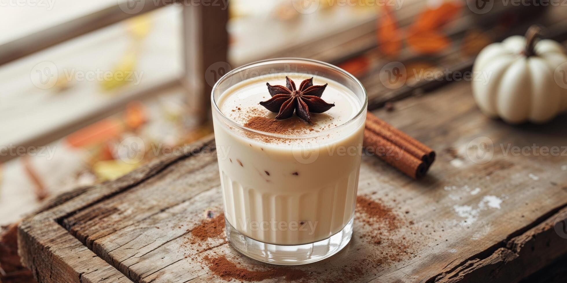 A glass of milk with cinnamon and star anise photo