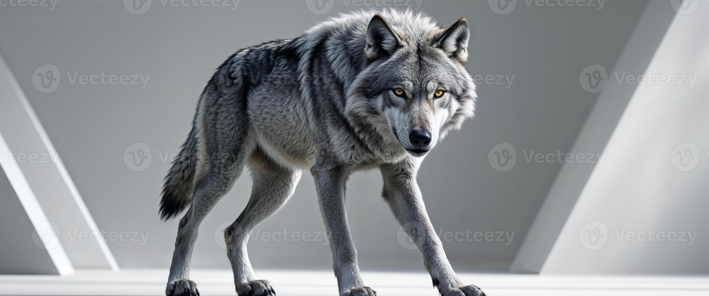 A wolf is walking in a white room photo