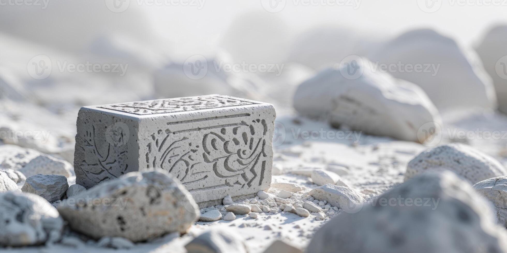 A white stone with a design on it sitting on top of rocks photo