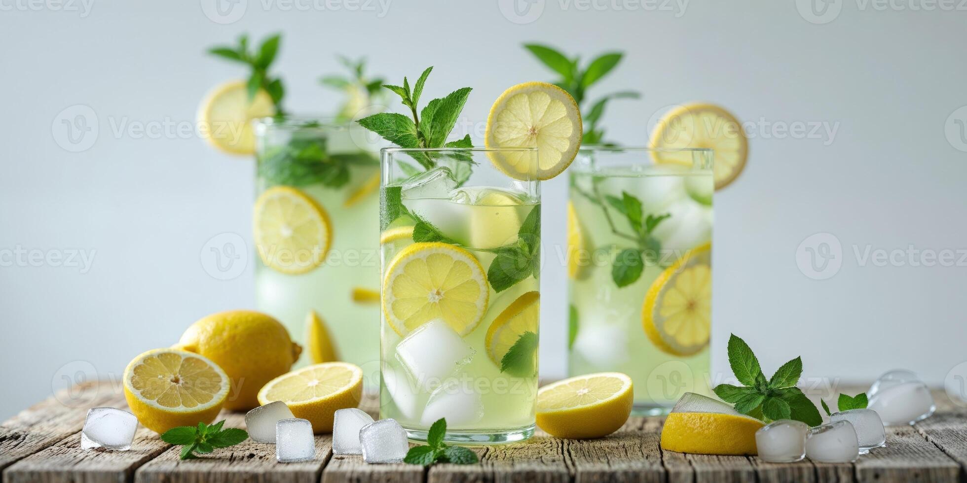 Three glasses of lemonade with mint leaves and lemons photo