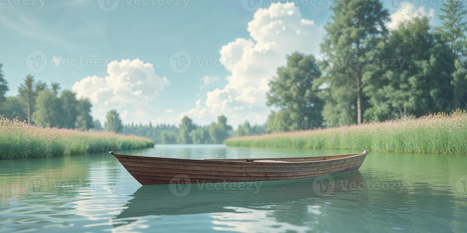 A boat is floating on the water in front of a forest photo