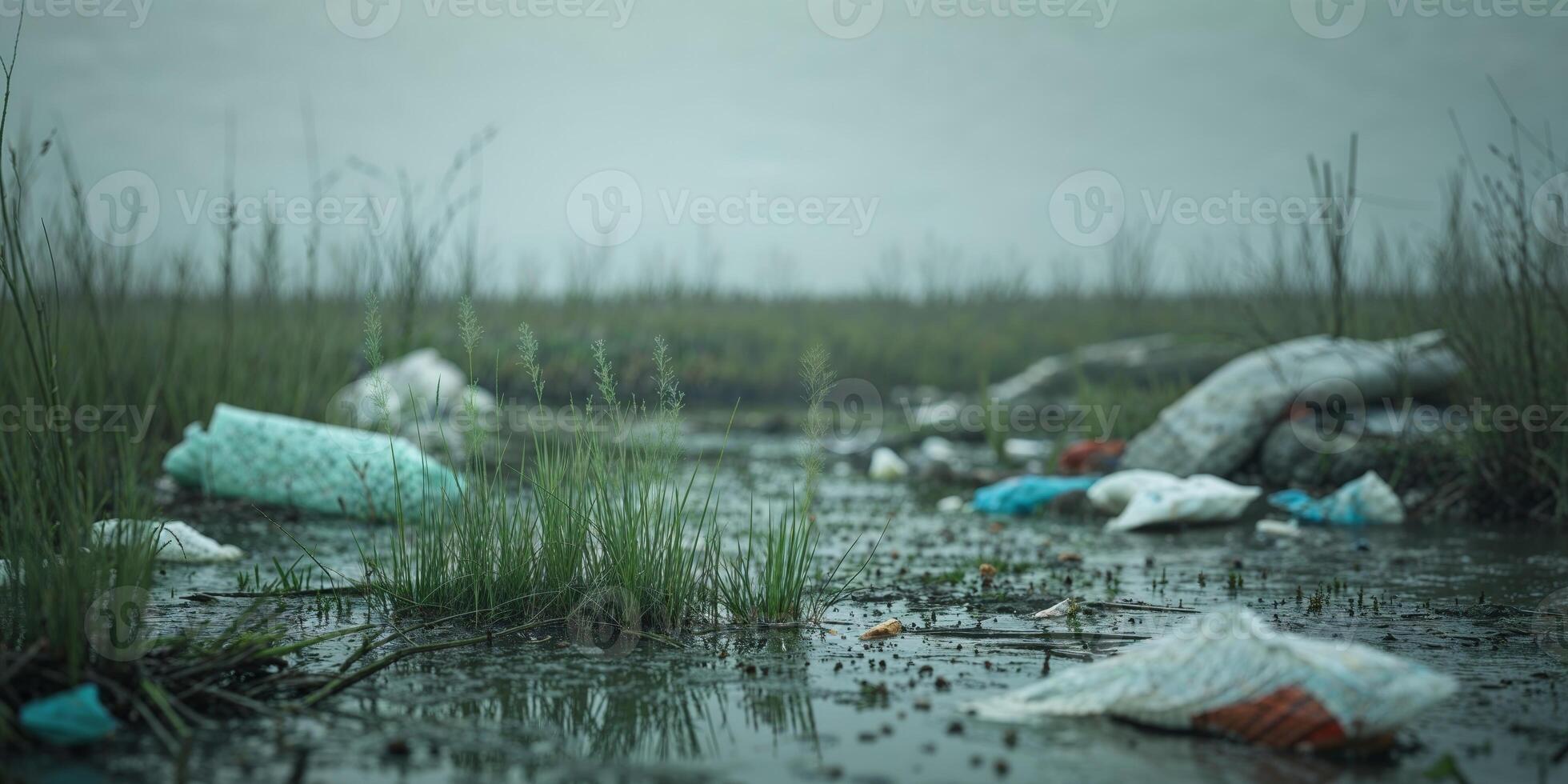 A field of trash and water in the middle of a marsh photo