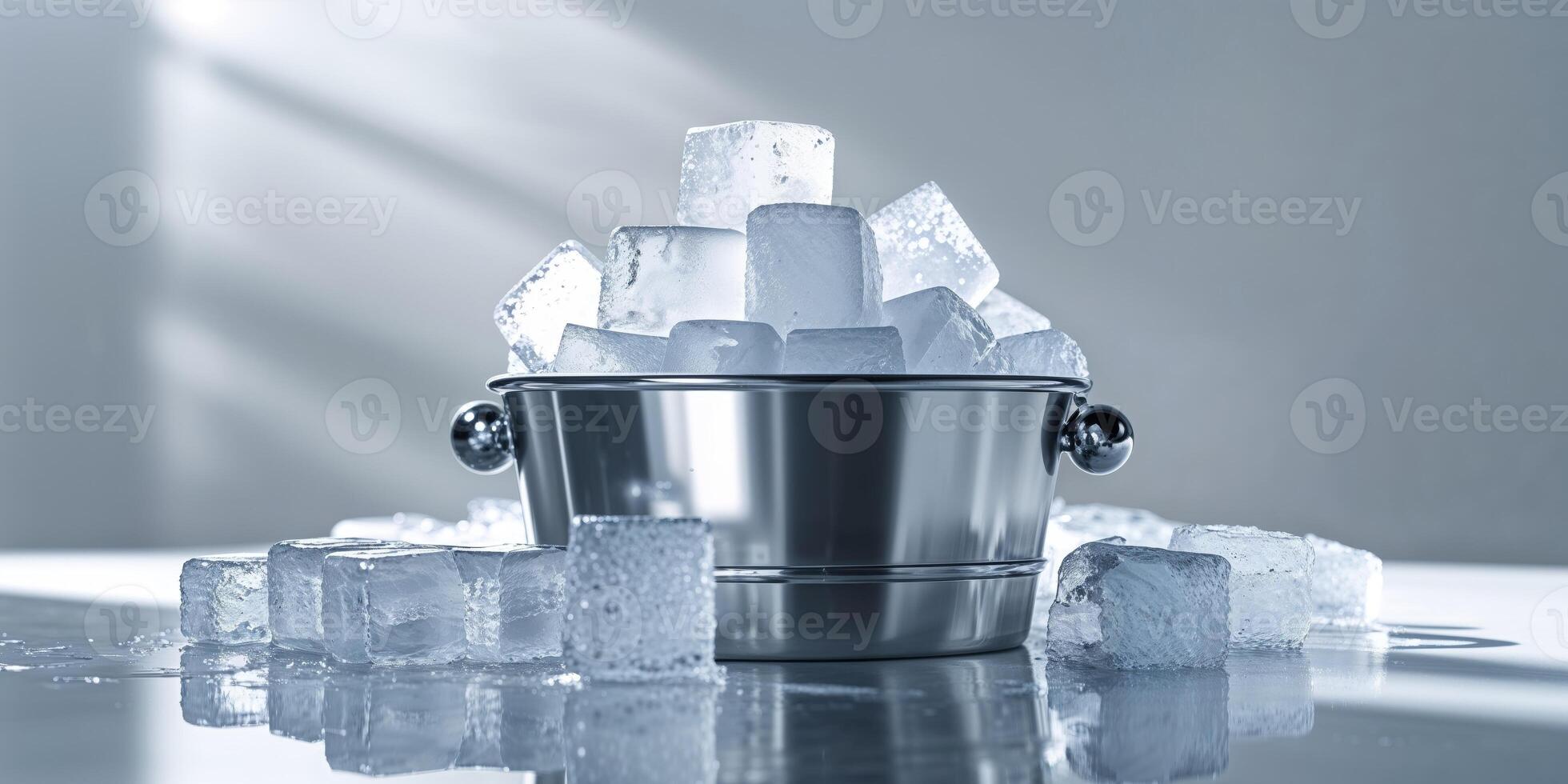 Metal ice bucket overflowing with ice cubes on reflective surface photo