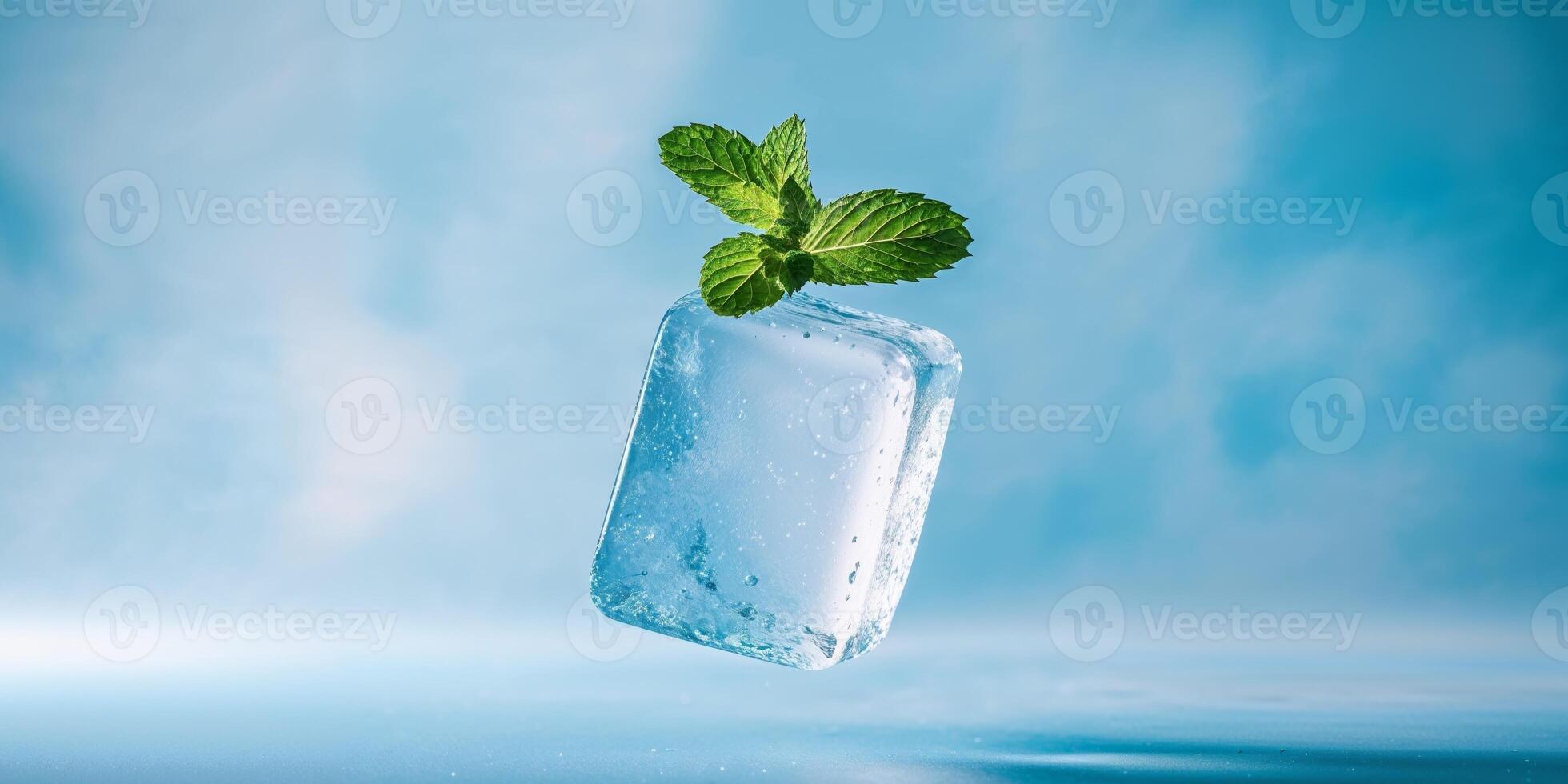Floating Ice Cube with Fresh Mint on Blue Background. photo