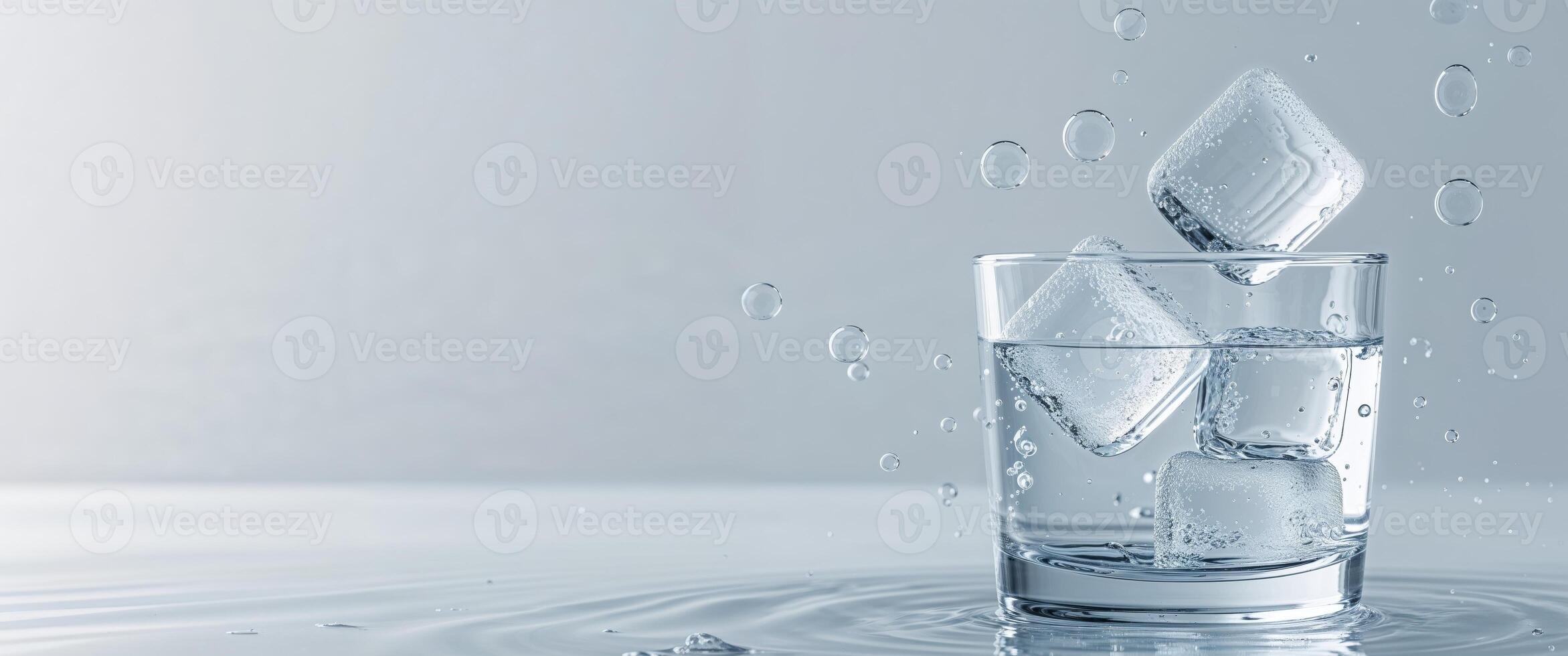 Ice Cubes Falling in Water with Bubbles Refreshing Drink Concept photo