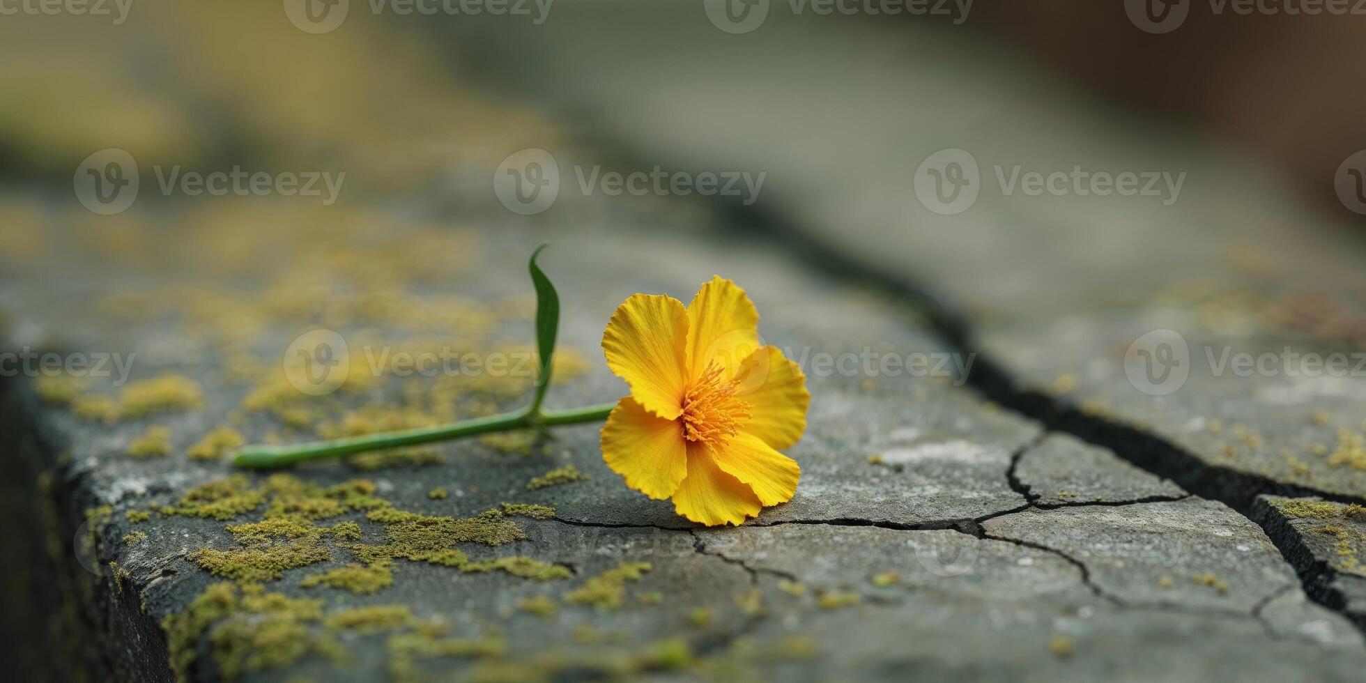 A lone marigold laying delicately upon a weathered stone surface photo