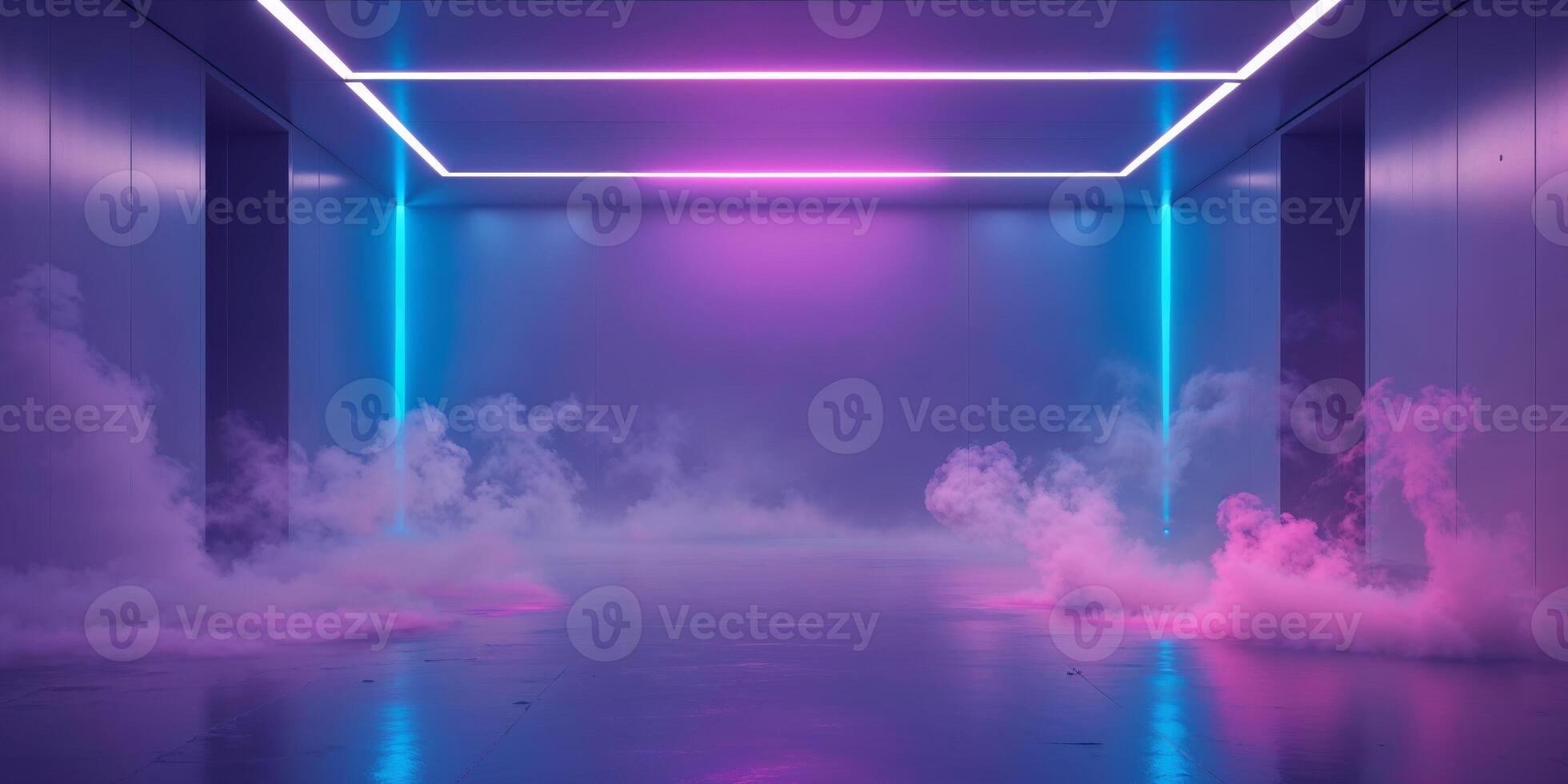A neon light in a dark room with smoke coming out of it photo