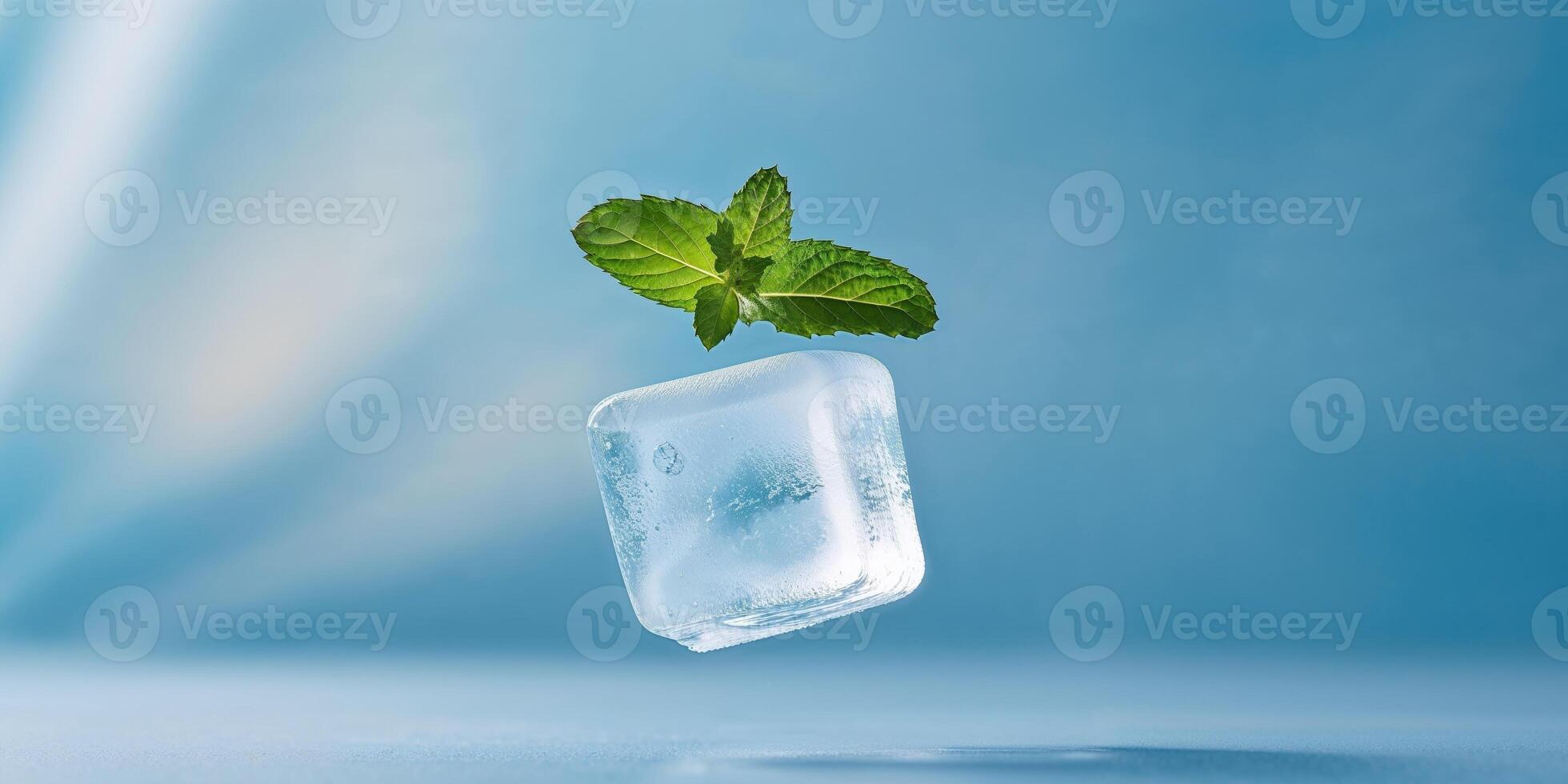 Ice cube with mint leaves on blue background photo