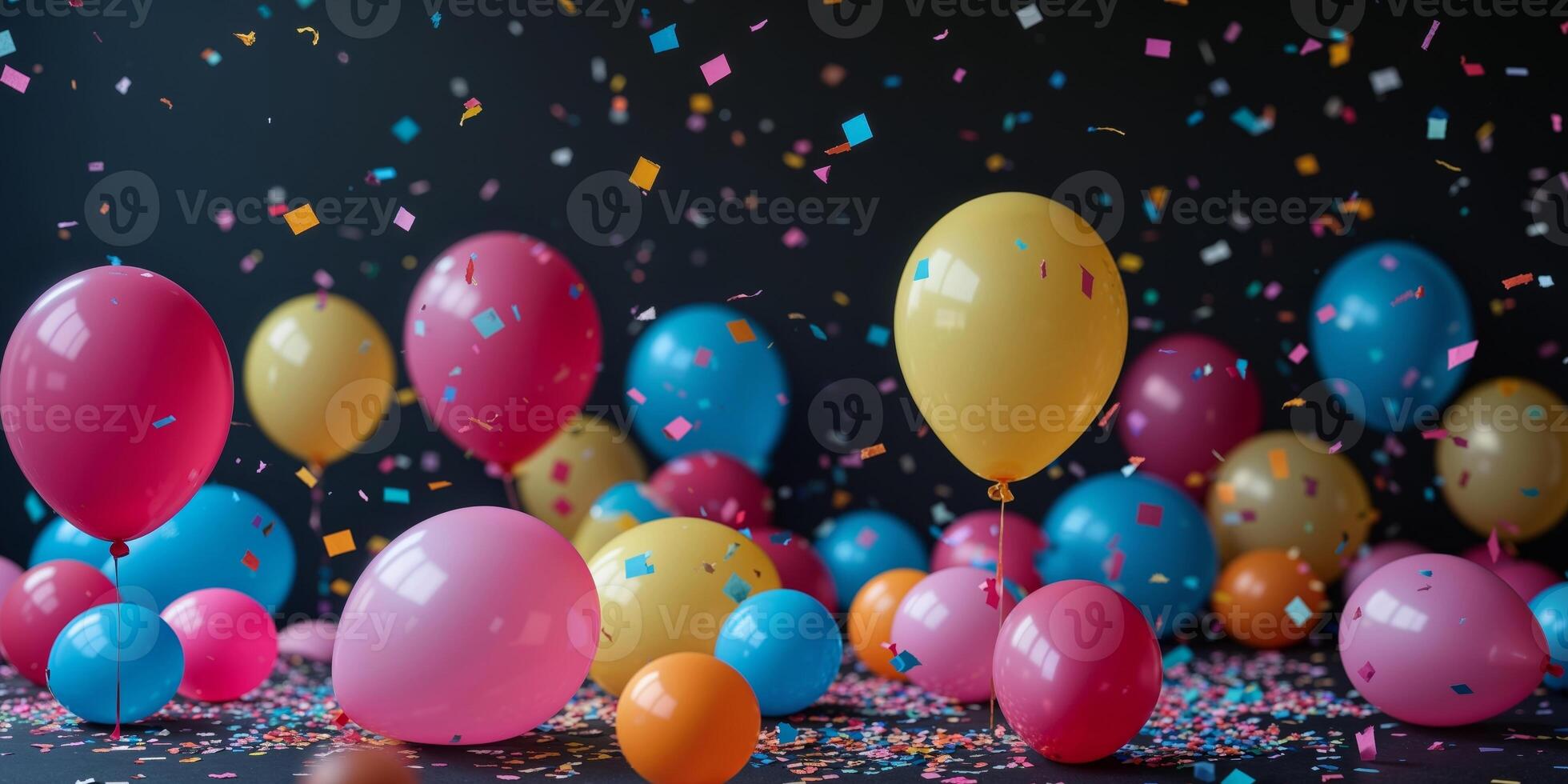 Many colorful balloons and confetti on a black background photo