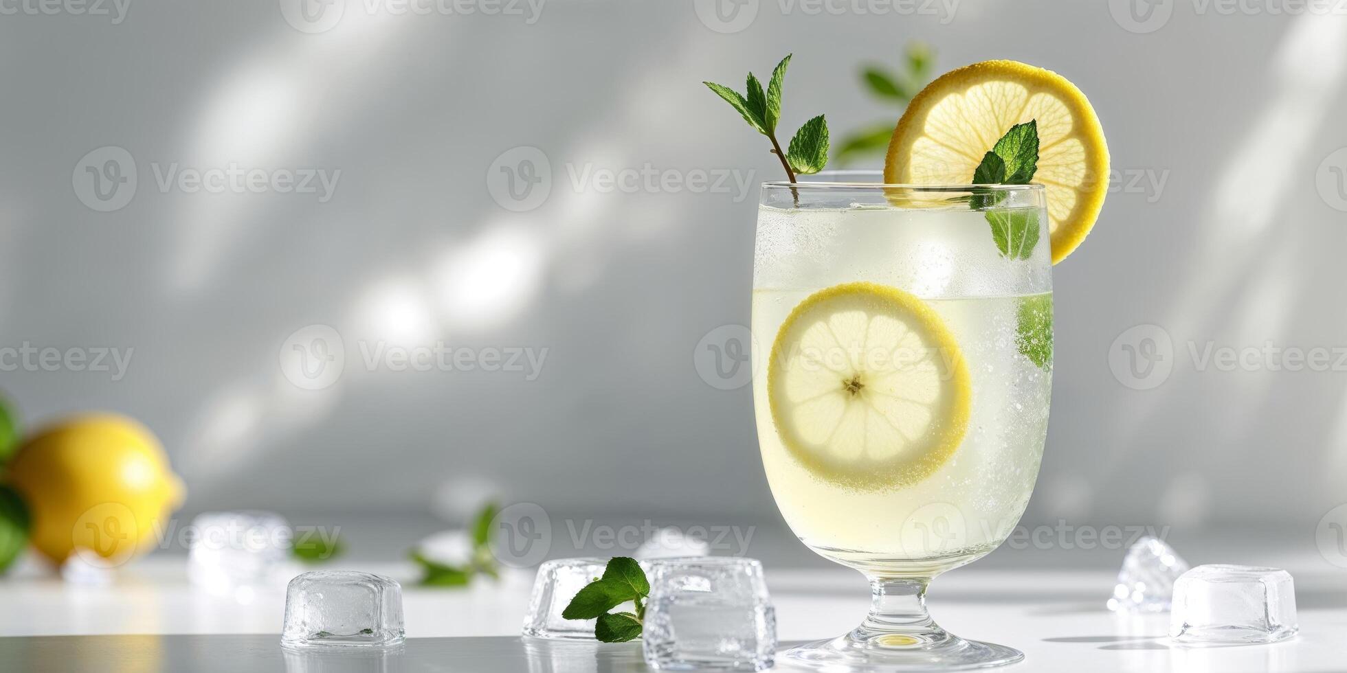 A glass of lemonade with ice and lemon slices photo