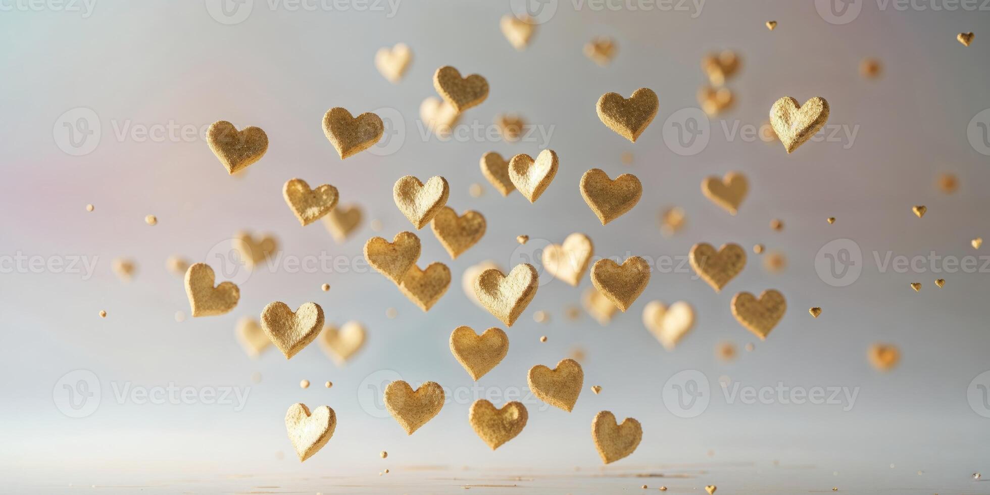 Golden hearts floating in a dreamy background photo