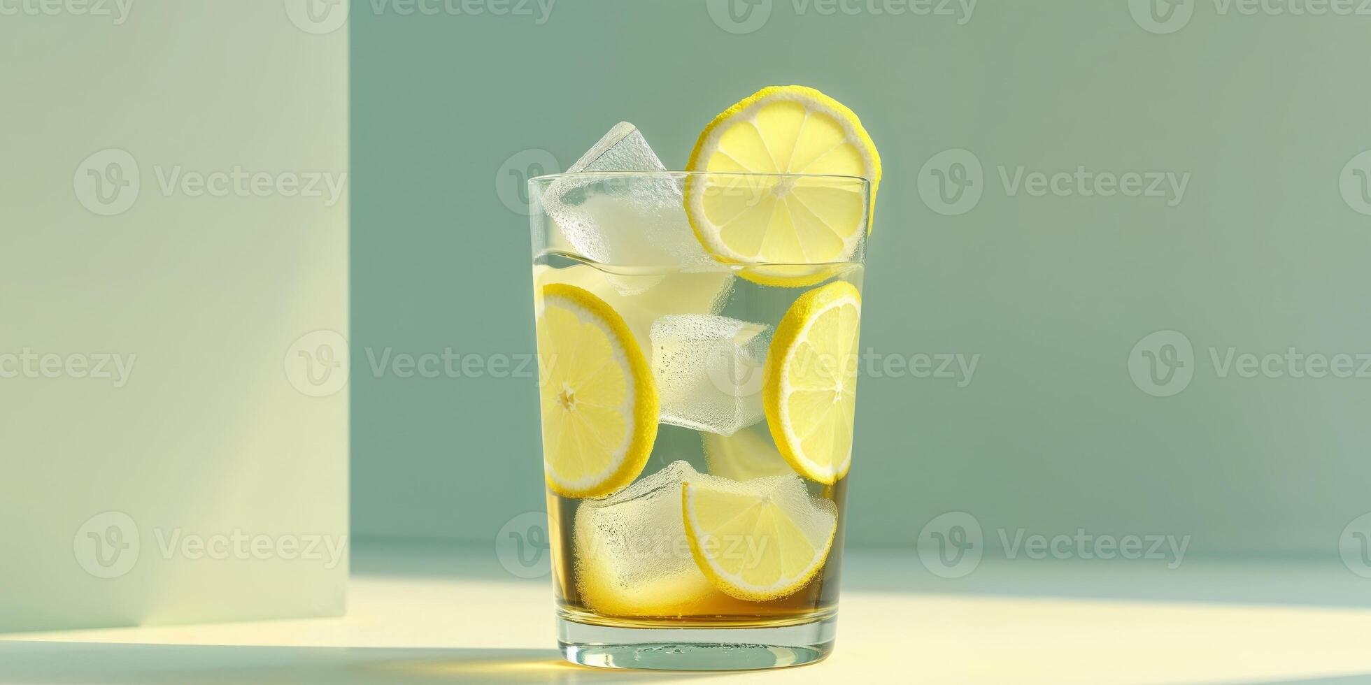 Refreshing Iced Tea with Lemon Slices Cubes Glass Cold Drink Summer Beverage. photo