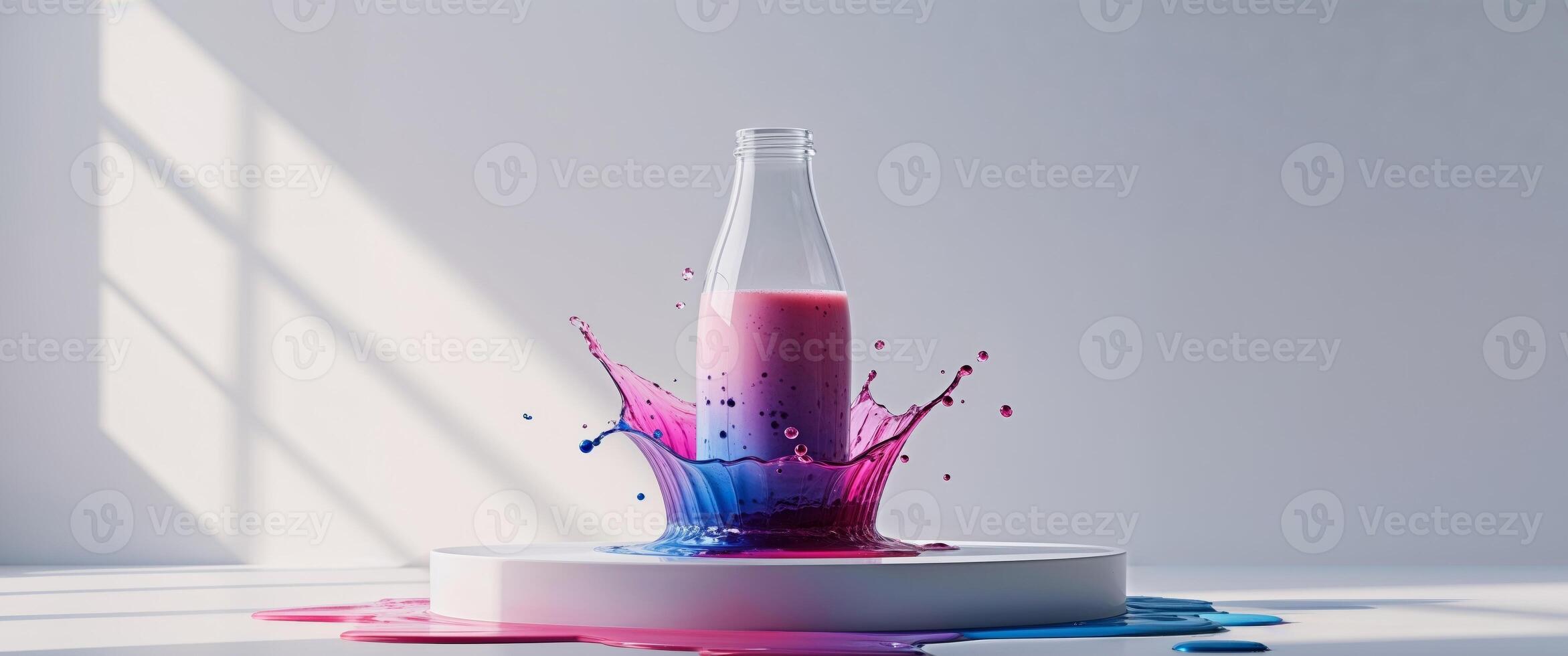 a podium and a milk bottle with berry juice splash For berry milkshake recipes Mockup Summertime For creative advertising Booklets photo