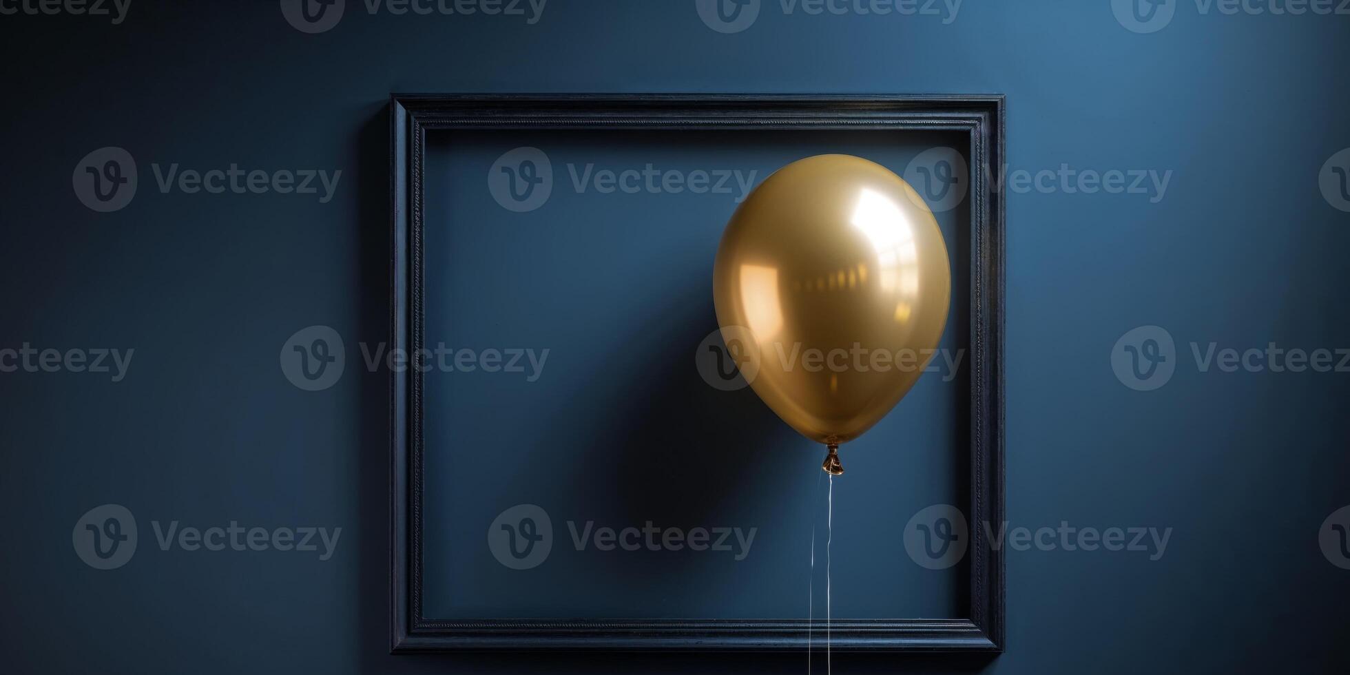 Golden and black balloon frame on dark blue background. photo