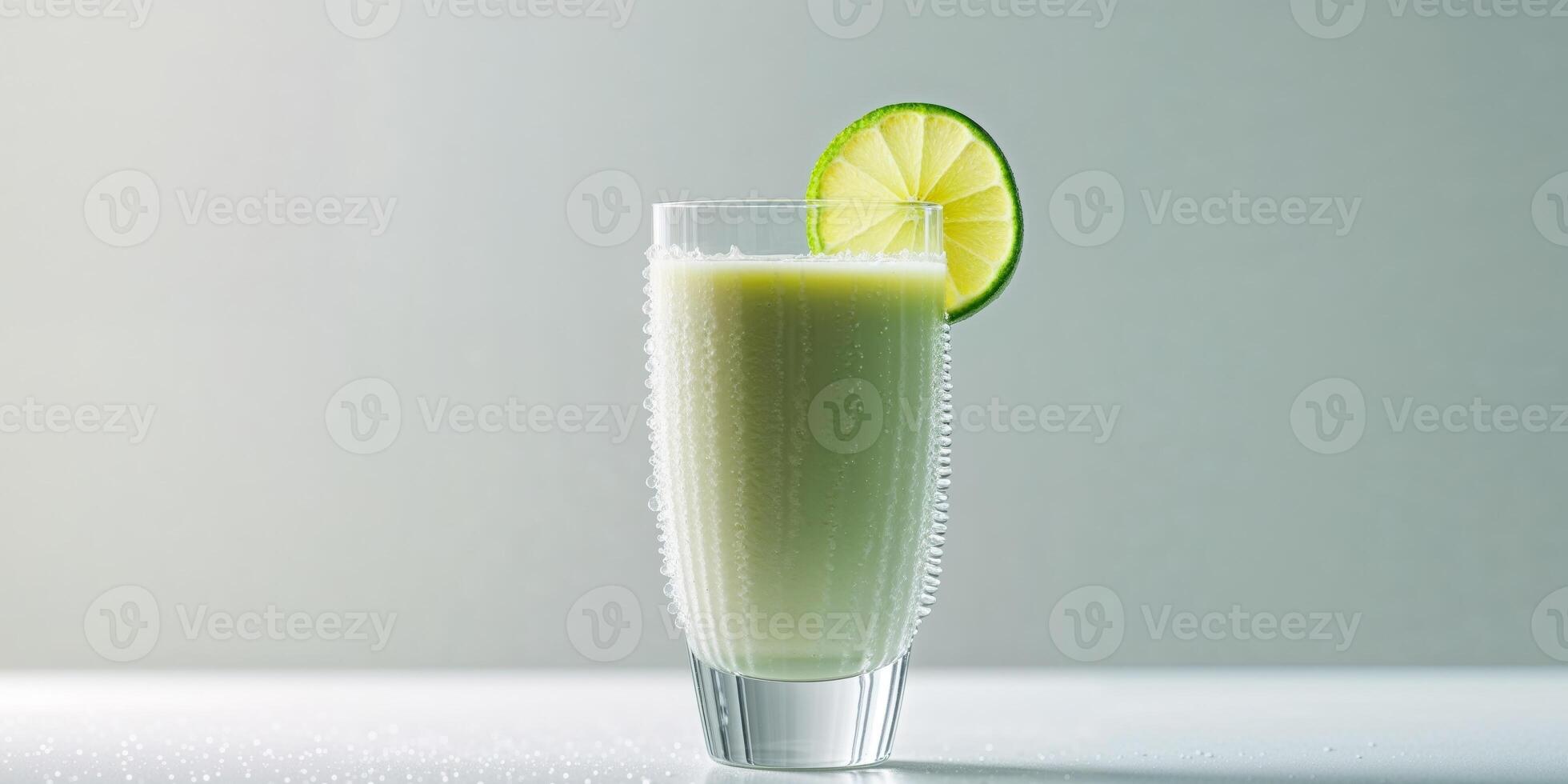 Refreshing coconut lime smoothie served in a tall glass with a garnish of lime. photo