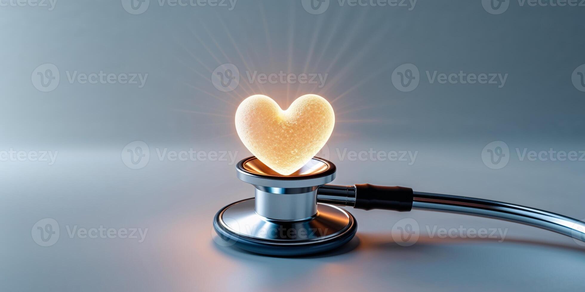 Stethoscope with Glowing Heart on Medical Background Cardiology and Healthcare Concept. photo