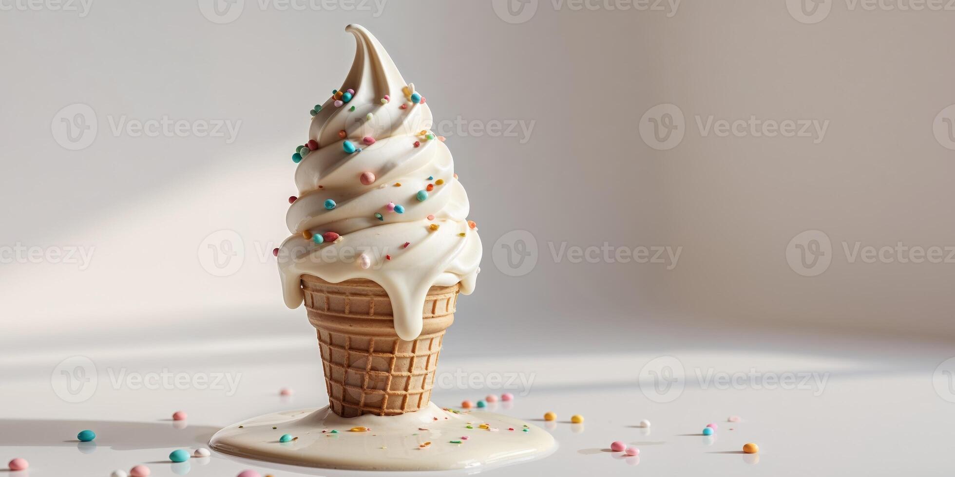 Melting Vanilla Ice Cream Cone With Sprinkles photo
