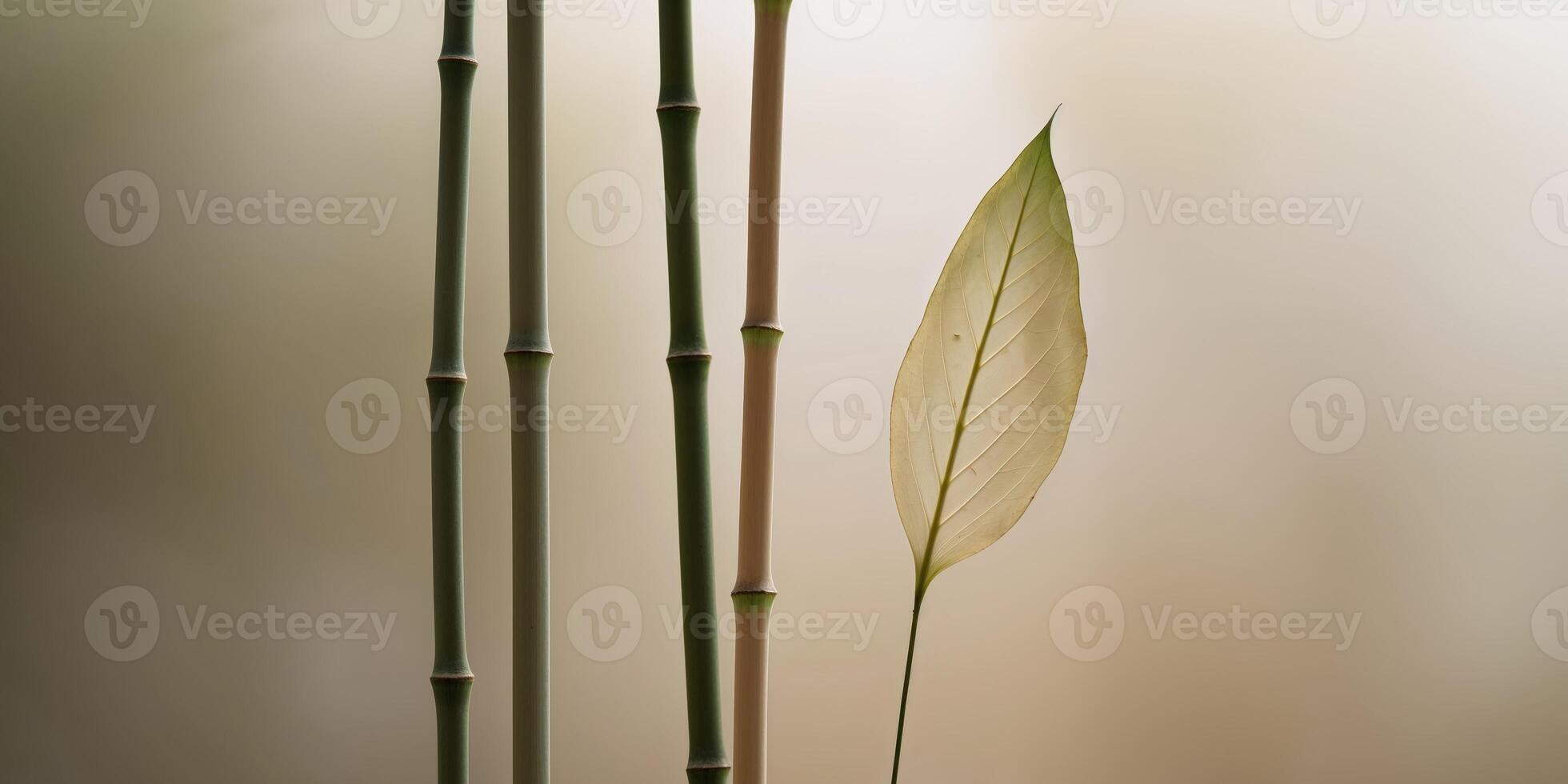 Three bamboo stalks are shown with a leaf in the middle. photo