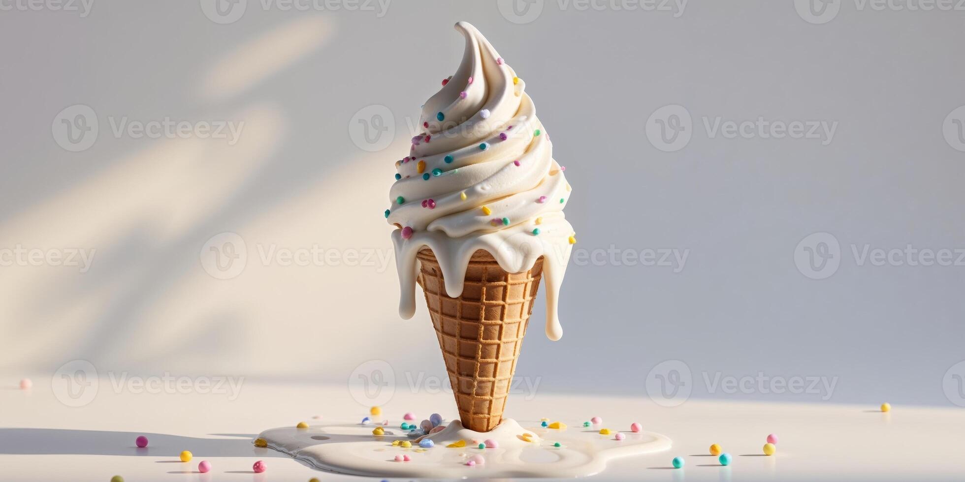 Melting Vanilla Ice Cream Cone With Sprinkles. photo