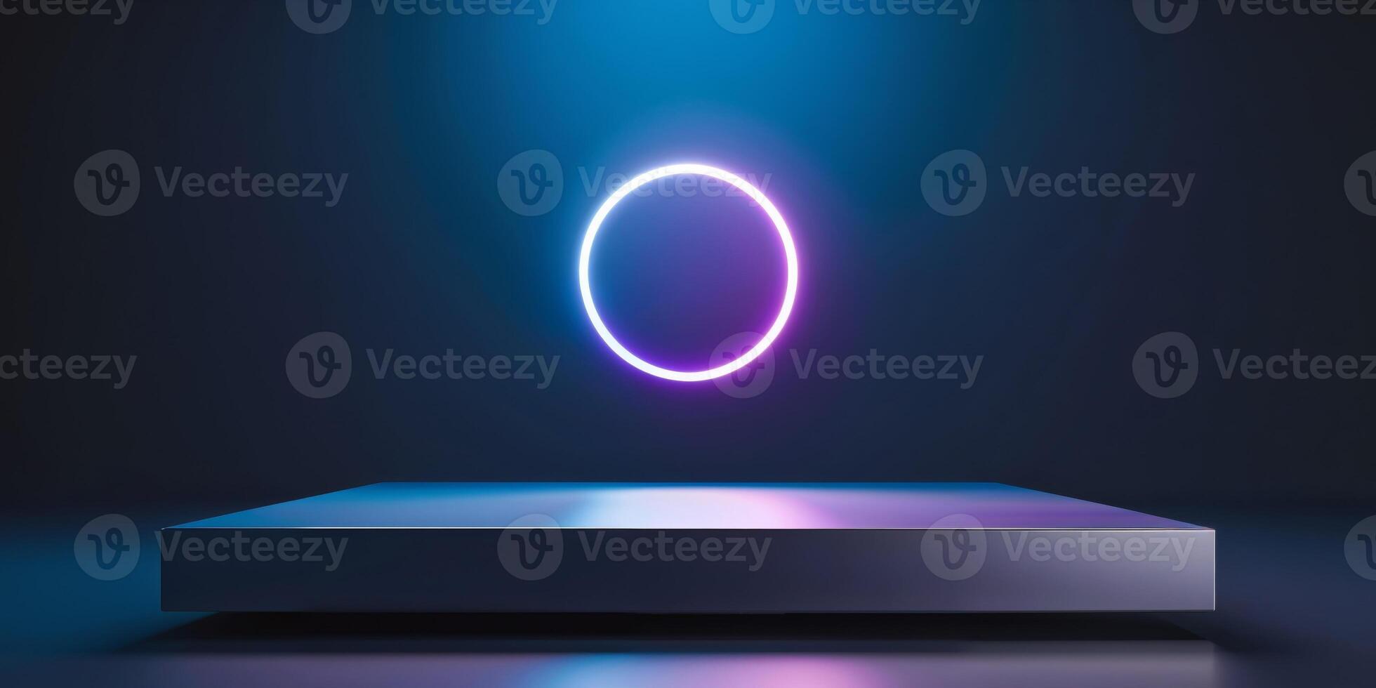 Futuristic Neon Light Abstract Background with Glowing Circle and Platform photo