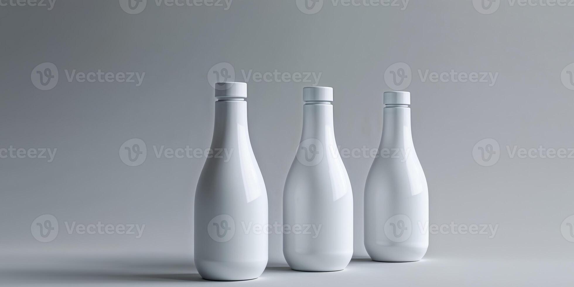 Three White Bottles on a Light Gray Background Mockup. photo