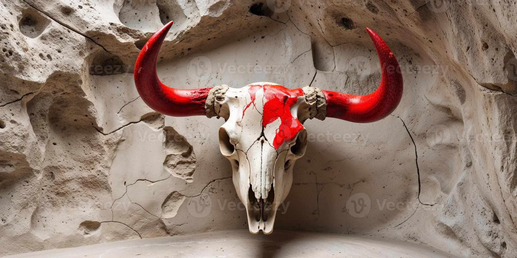 Ancient cave art featuring bull skull and red markings on textured wall. photo