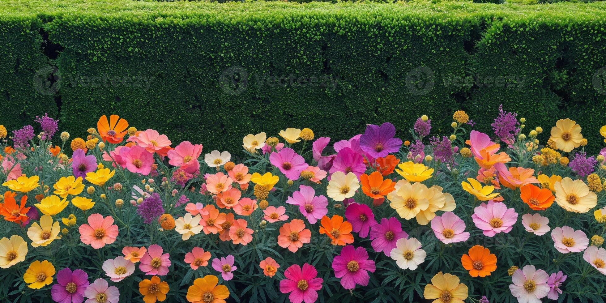 Multicolored flower bed with bright blooms along green hedge photo