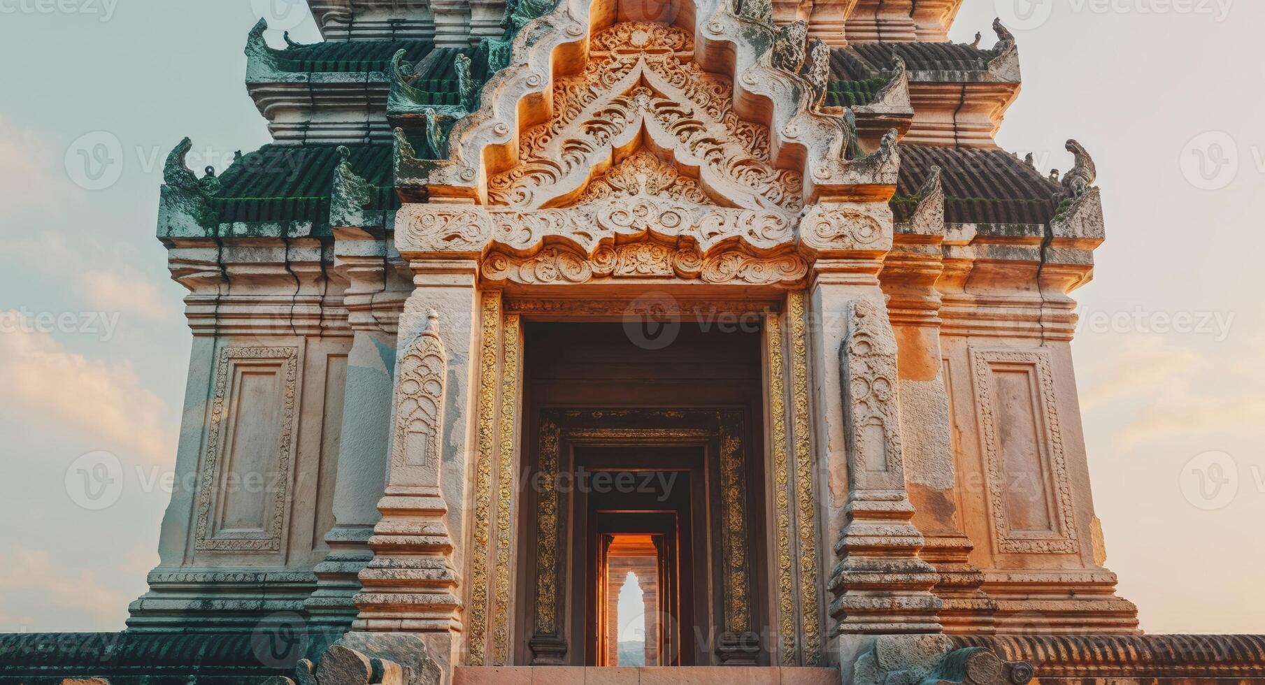 Ornate ancient temple entrance with carved stone facade stands majestically. photo