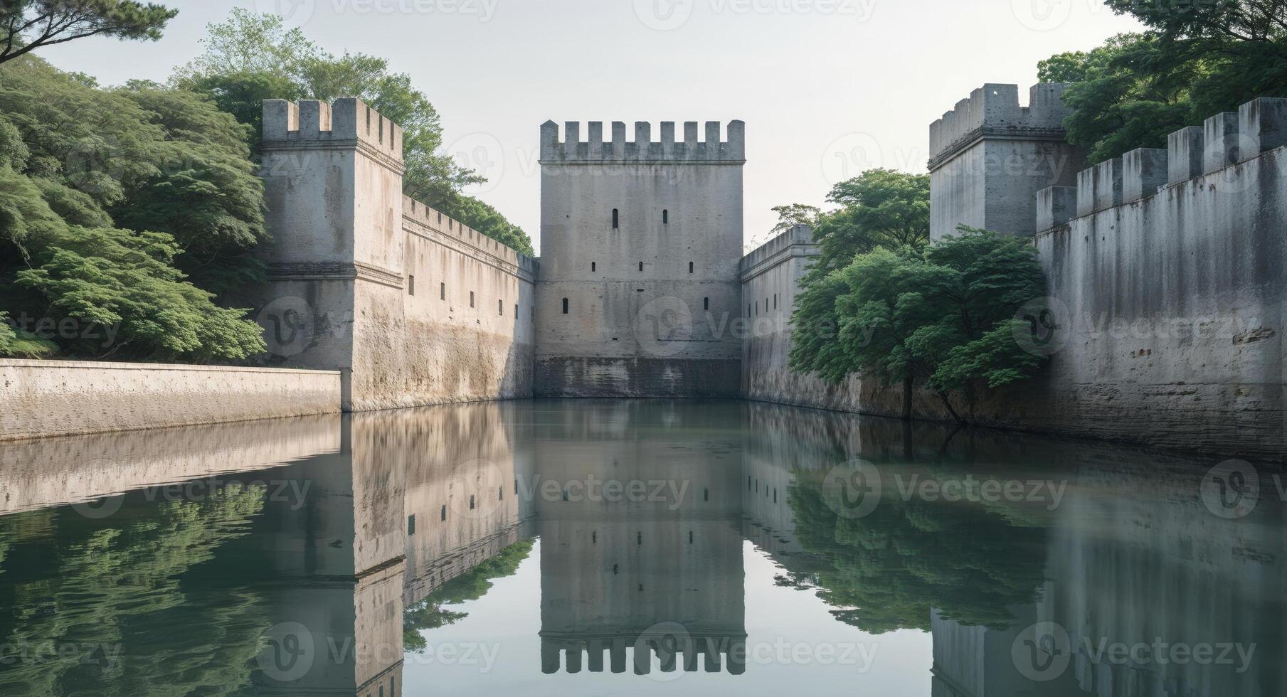 Ancient Fortress with Towering Stone Walls Surrounded by Tranquil Water and Lush Greenery. photo