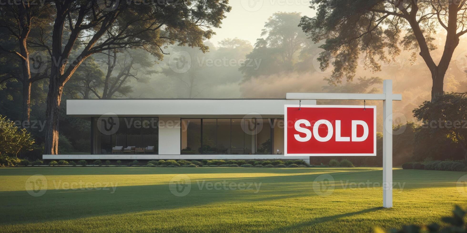 Modern House with Sold Sign in Serene Natural Setting photo
