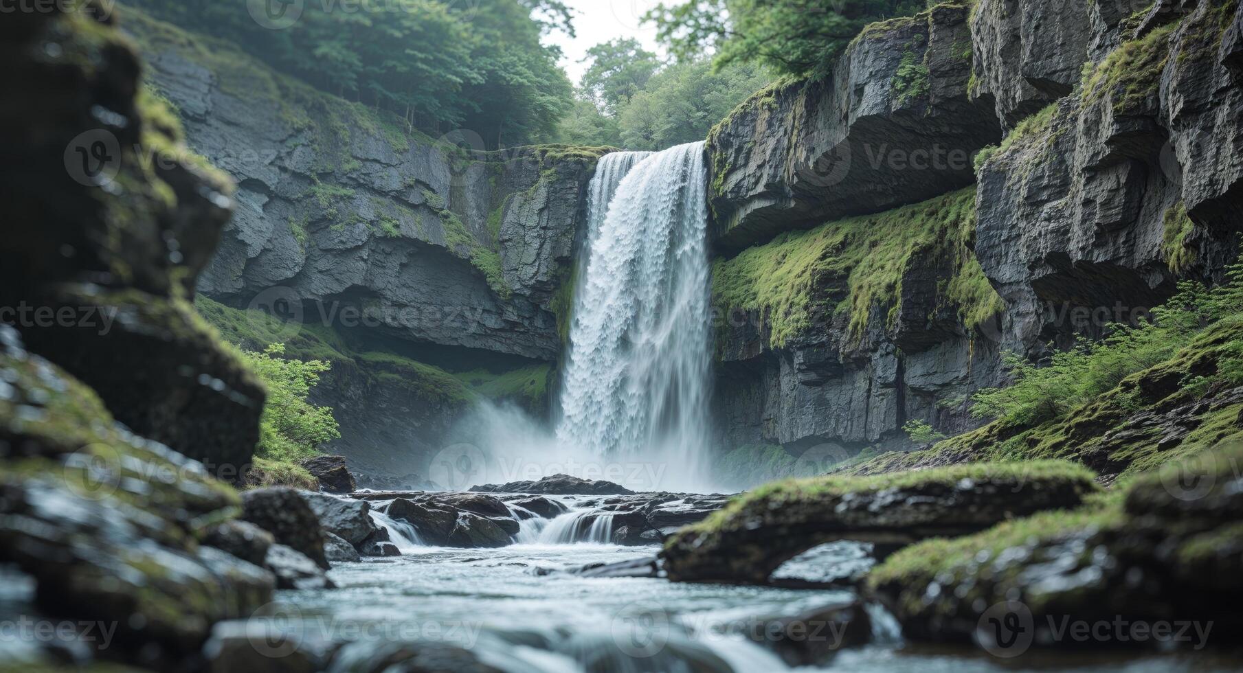 Majestic Waterfall Surrounded by Rocky Cliffs and Serene Stream photo