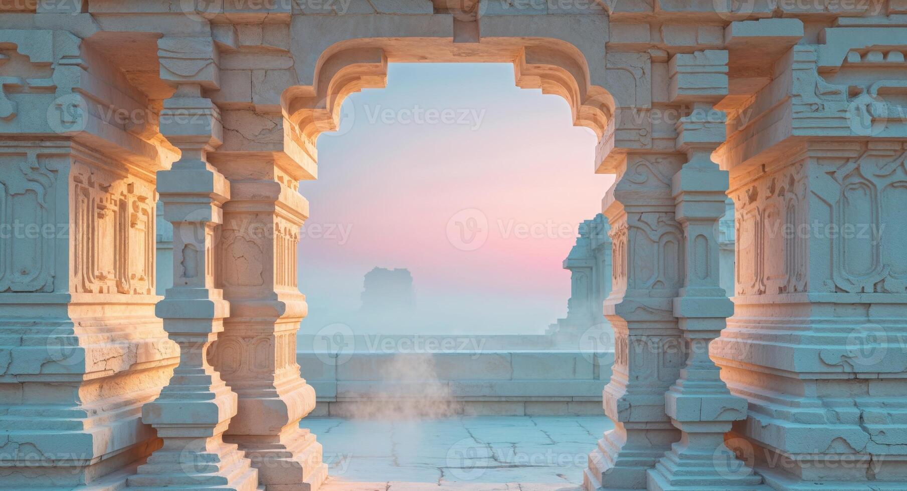 Ancient Stone Structure with Intricate Carvings at Sunrise photo