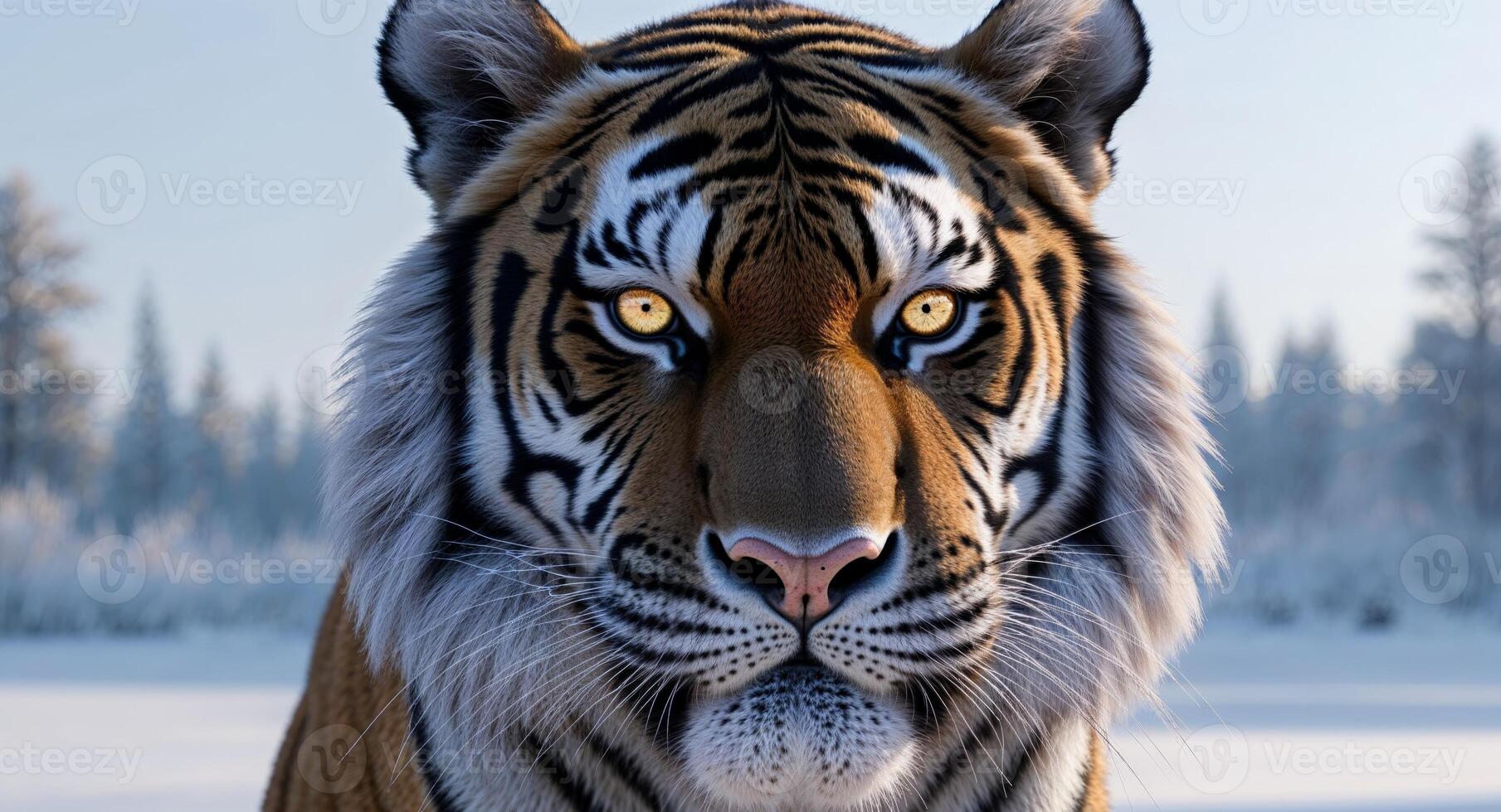 A tiger is standing in the snow with its eyes open photo