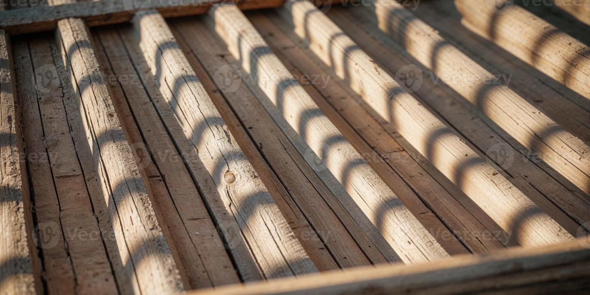 A close up of a wooden bed with shadows photo