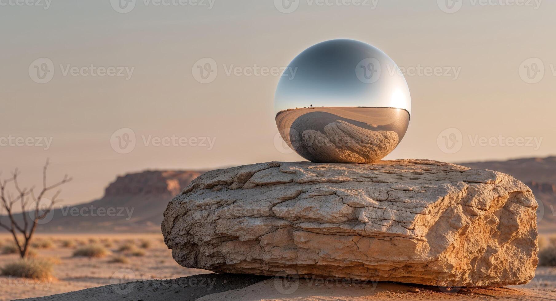 A silver egg sitting on top of a rock in the desert photo