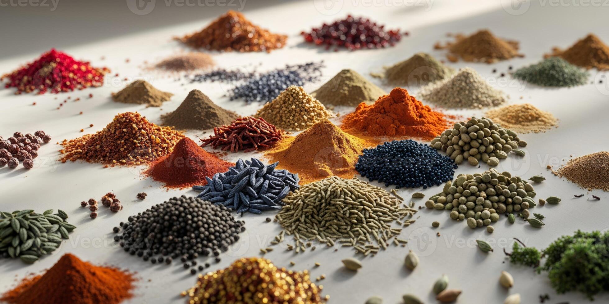 A variety of spices and herbs are arranged in a pile photo