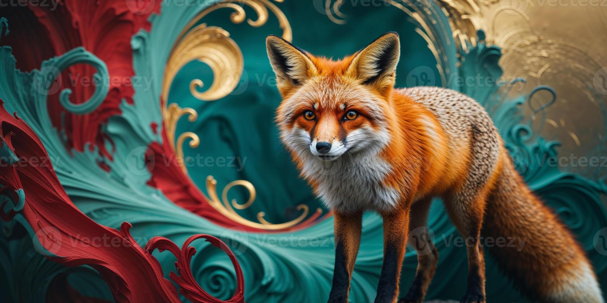 A fox standing in front of a colorful swirl photo
