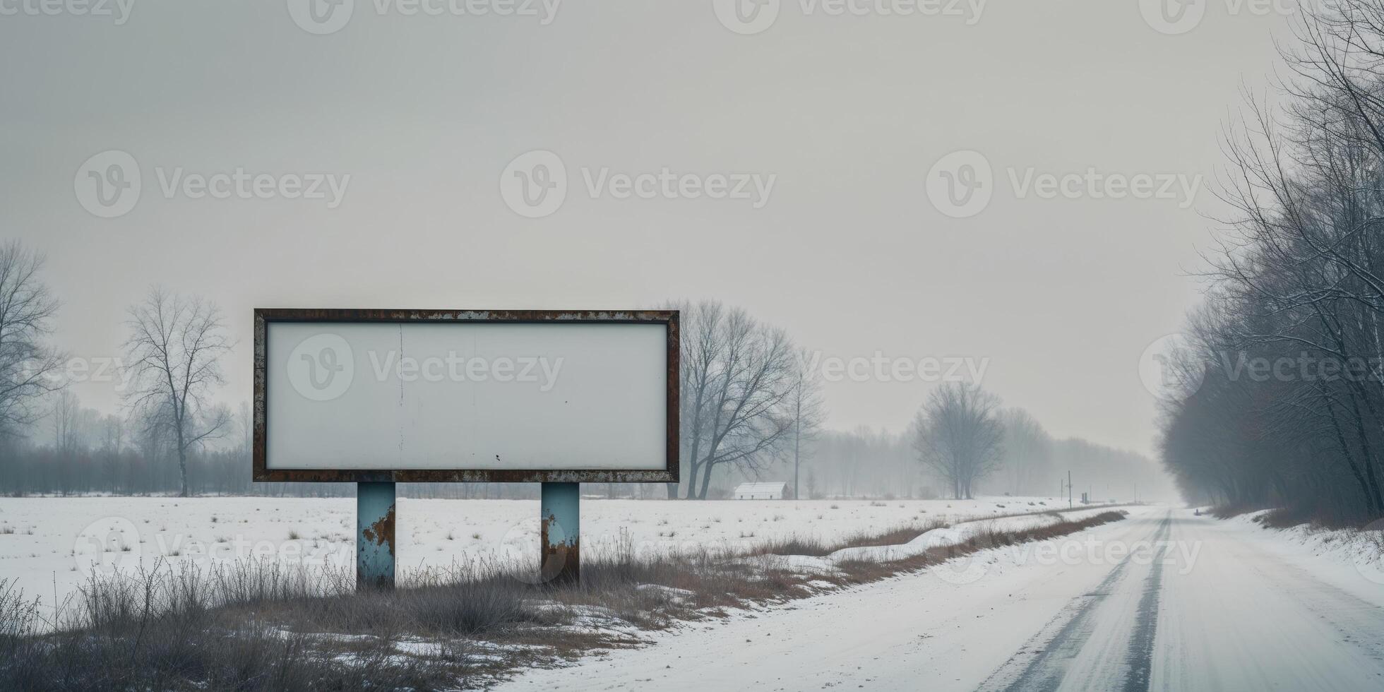 An empty billboard sits on a snowy road photo