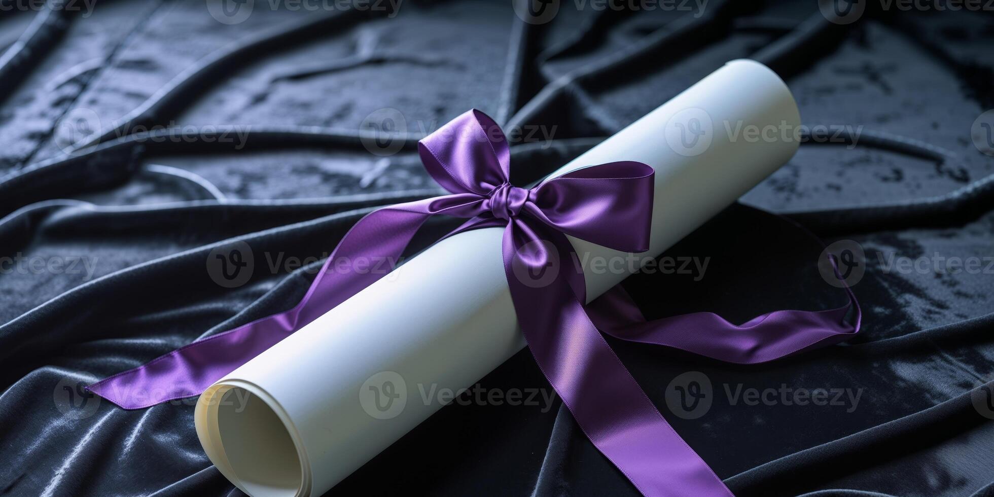 A diploma with purple ribbon and a bow photo