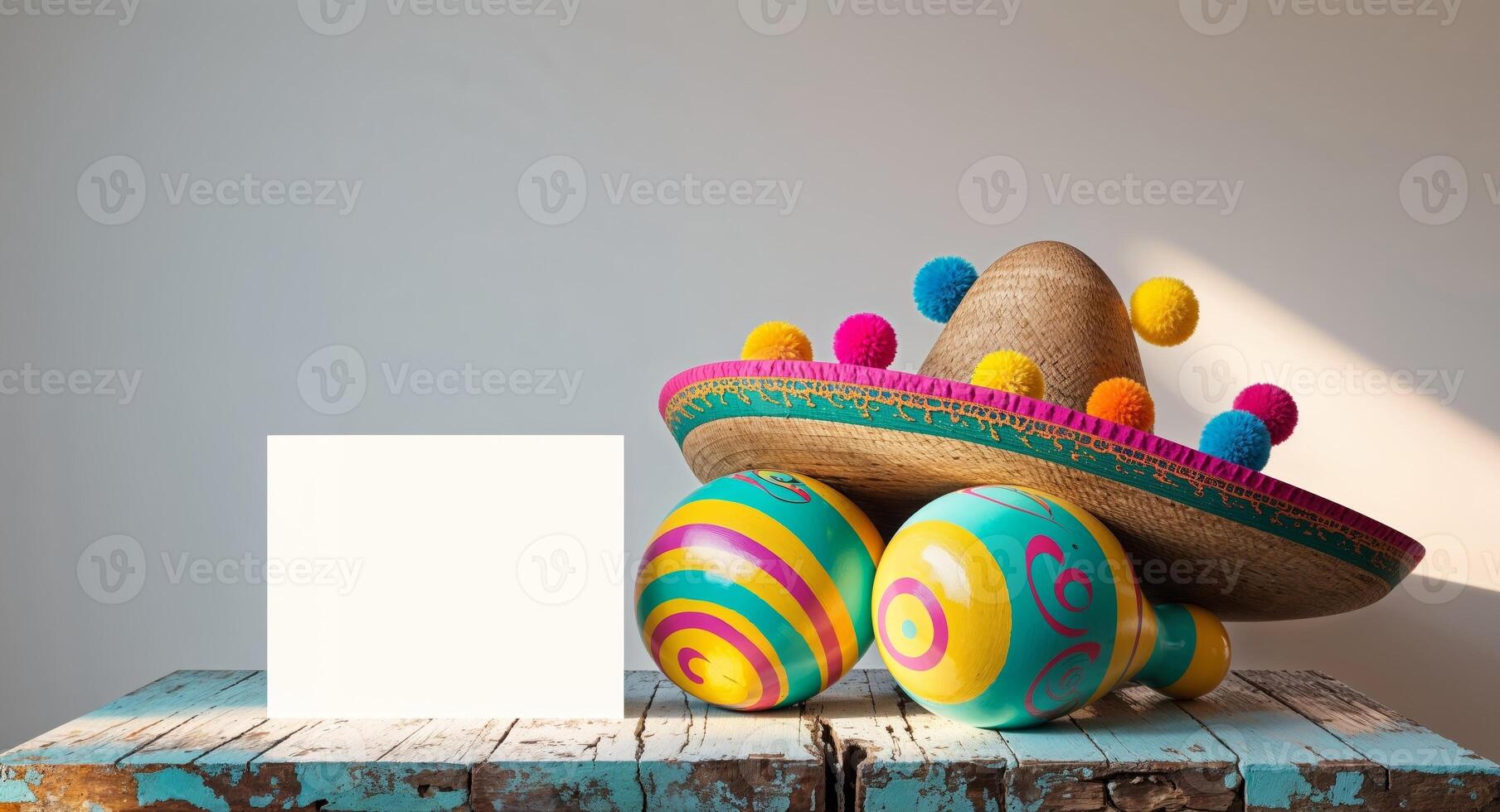 A mexican sombrero and a blank card on a wooden table photo