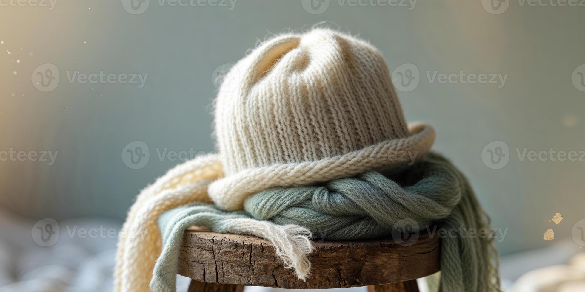A knitted hat and scarf on a wooden stool photo