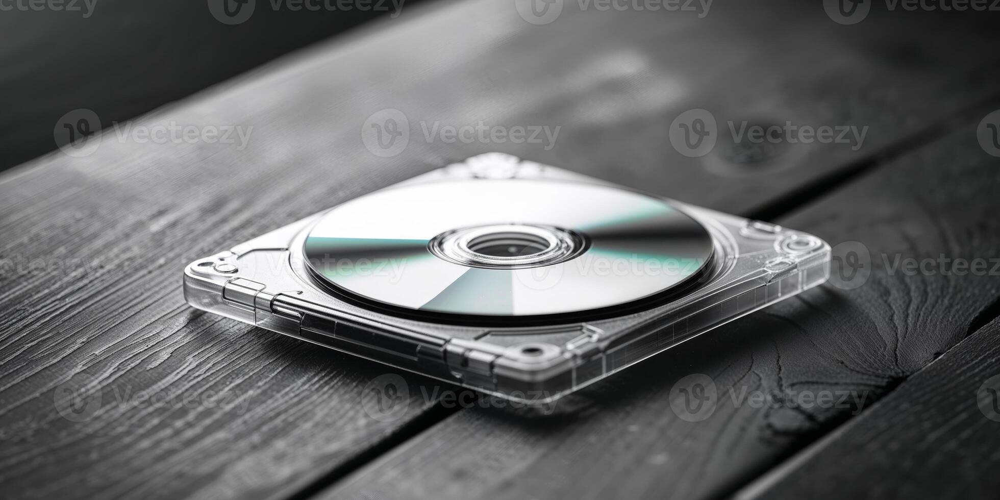A cd on a wooden table with a black background photo