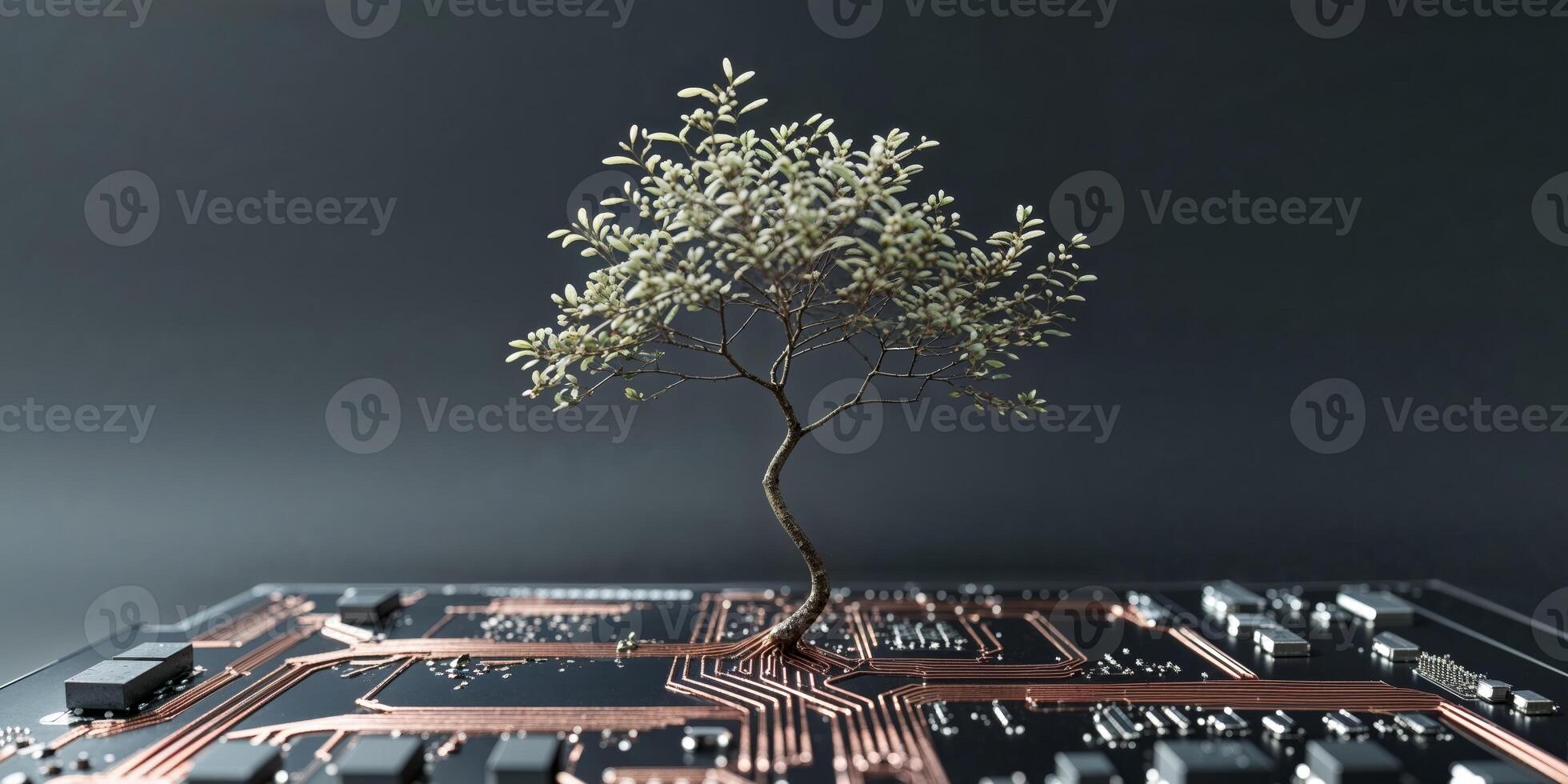 Tree growing on a circuit board representing technology and nature intersection. photo