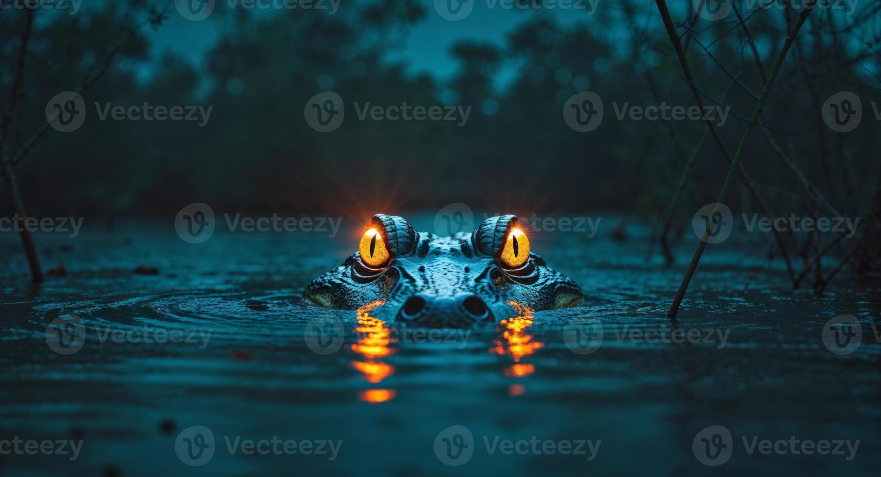 Alligator Eyes Glowing in Swamp Water at Night photo