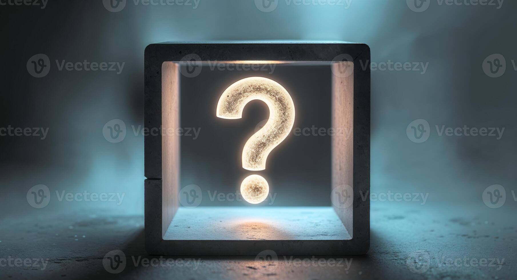 Glowing Question Mark in Stone Cube Mystery. photo