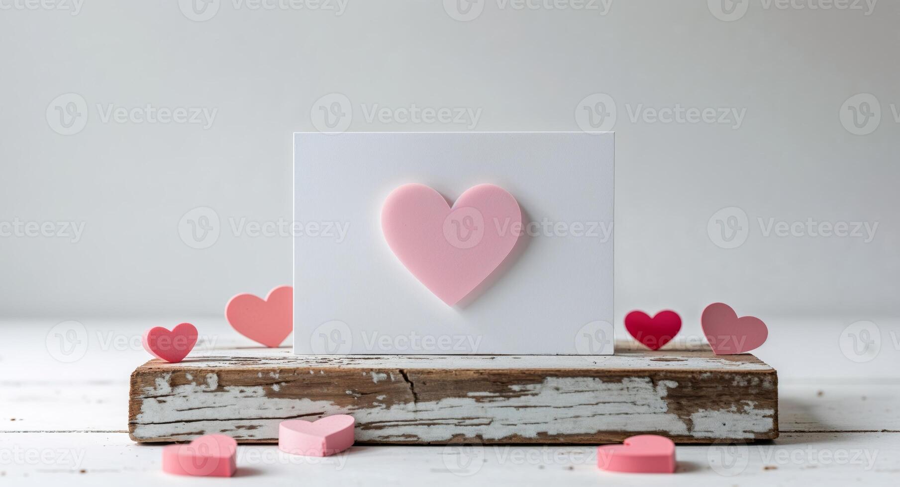 Blank Card with Pink Heart Shape on Wooden Base and Heart Decor. photo