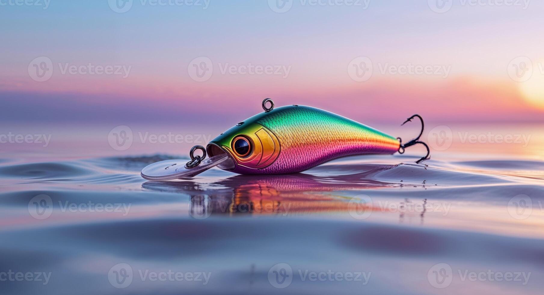 Colorful Fishing Lure Resting on Water with Scenic Sunset Background photo