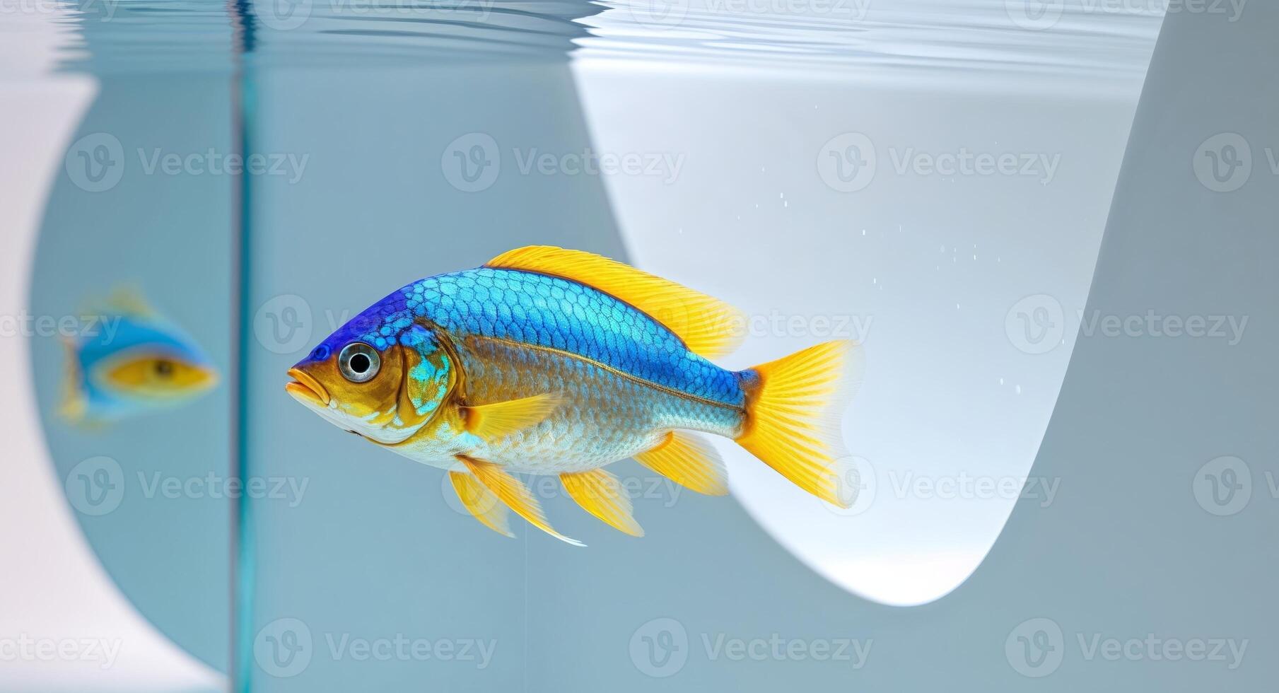 A blue and yellow fish swimming in an aquarium photo